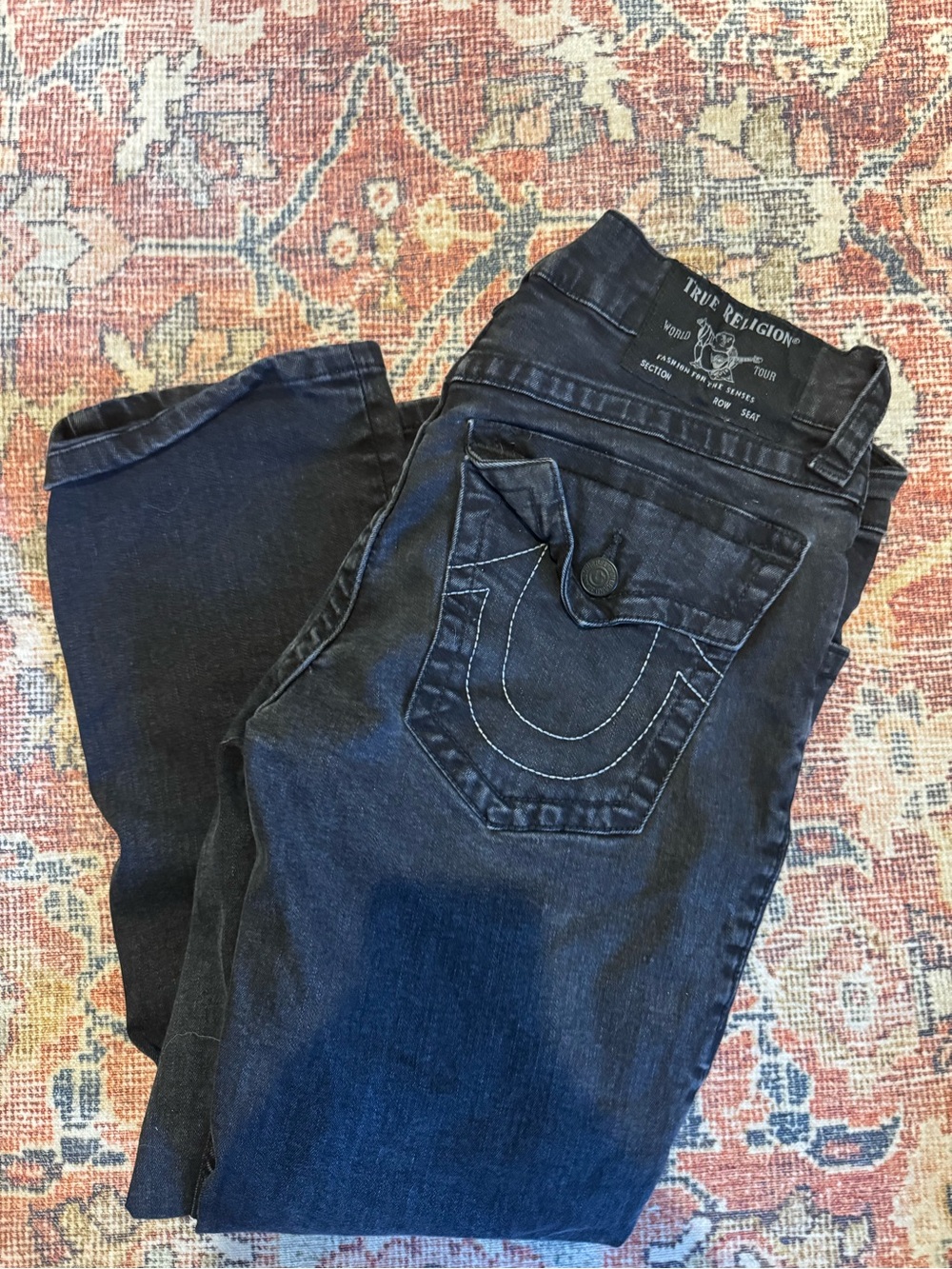 True Religion Dark Relaxed Straight Jeans with Signature Pocket Stitching